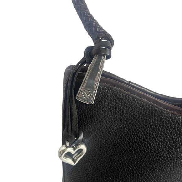 Brighton Leather Shoulder Bag Womens Black Brown Croc Trim Braided Strap 221067 - Picture 7 of 11